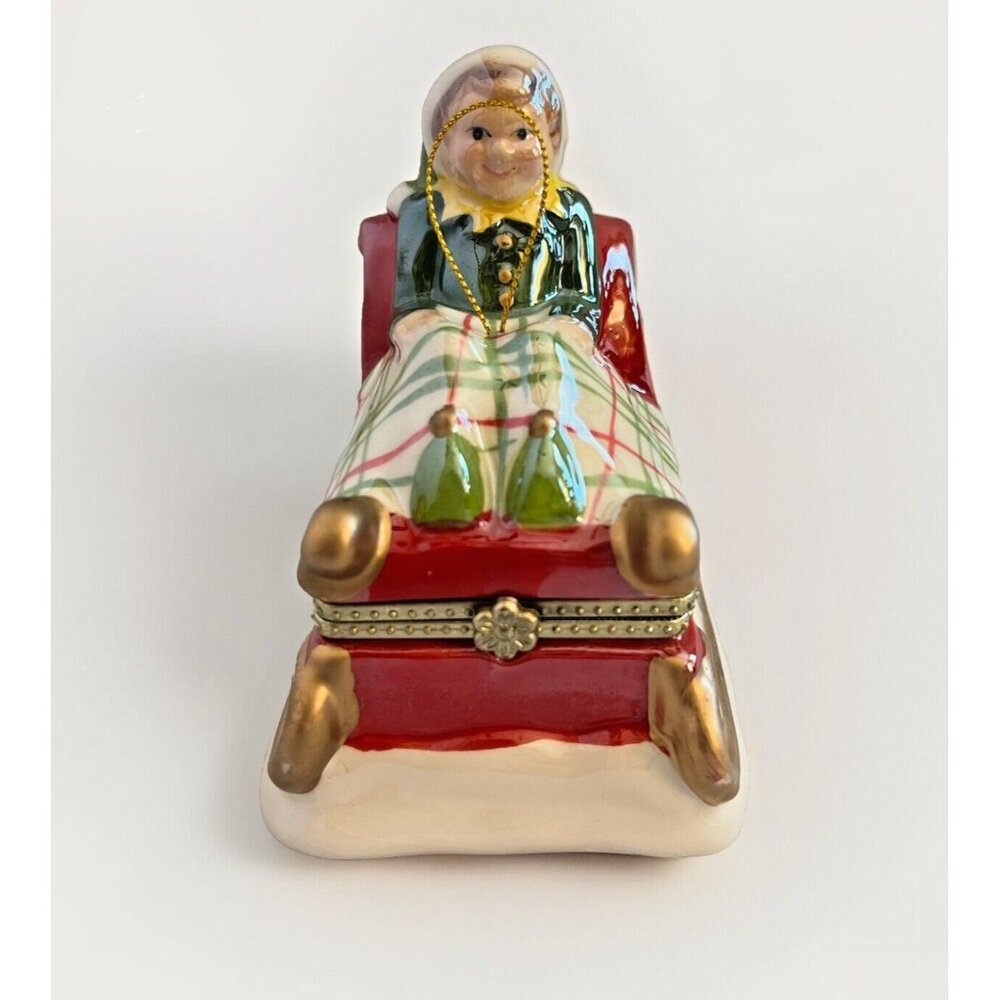 Mr. Christmas 2014 Ceramic Elf Sleigh Music Box Ornament Plays Deck The Halls